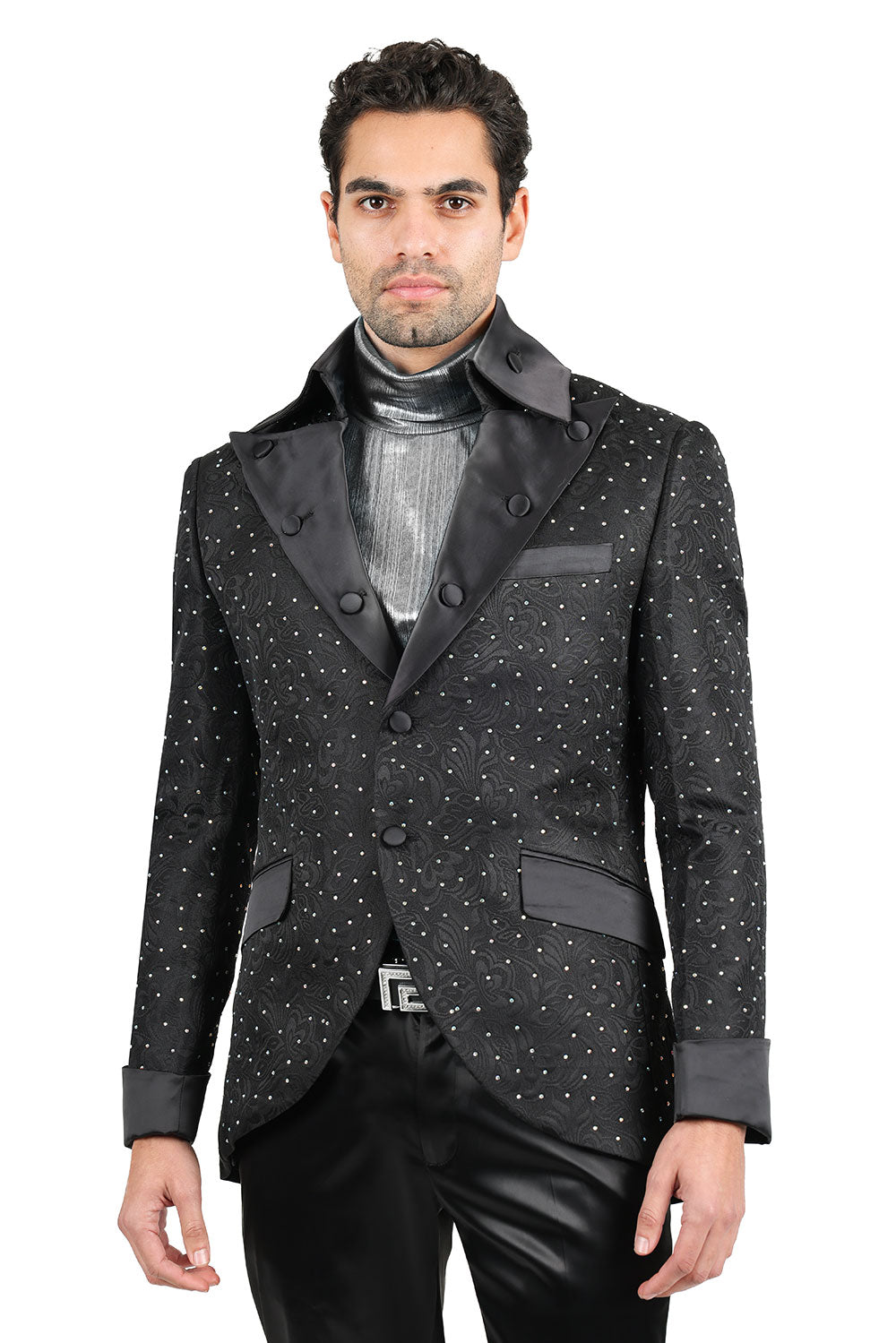 BARABAS Men Rhinestone Solid Pattern Peak Lapel Luxury Blazer 2BL3096