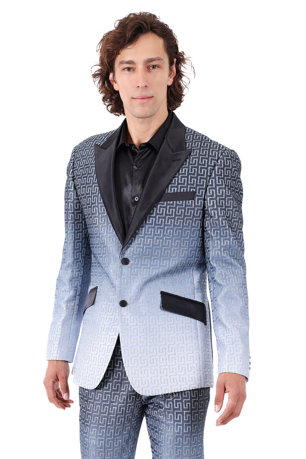 BARABAS Men Rhinestone Greek key Pattern Baroque Luxury Blazer 2BL3098 Black Silver