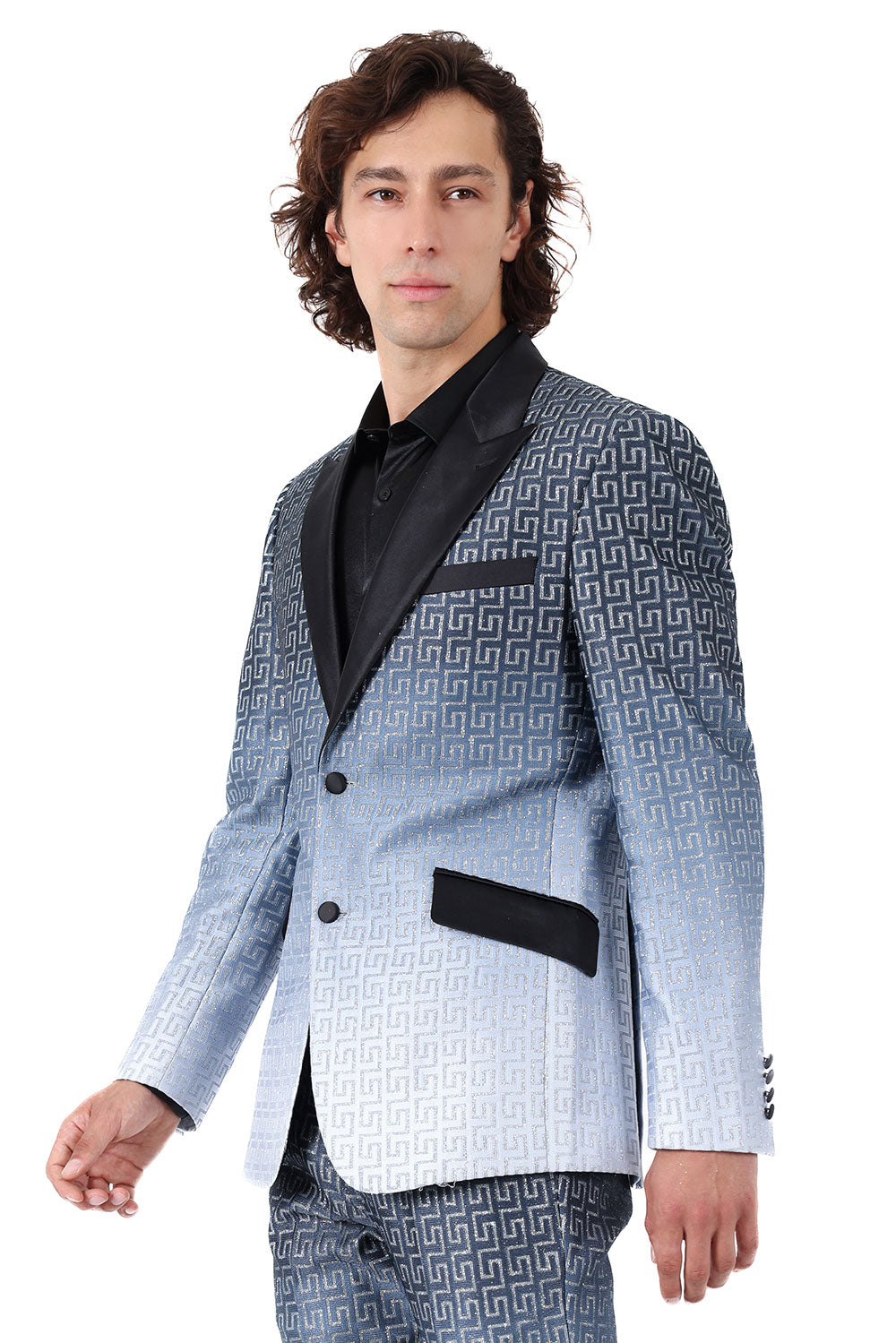 BARABAS Men Rhinestone Greek key Pattern Baroque Luxury Blazer 2BL3098 Black Silver