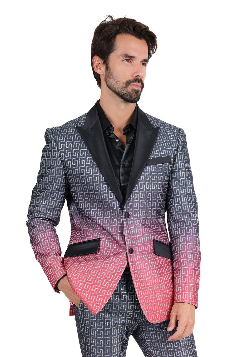 BARABAS Men Rhinestone Greek key Pattern Baroque Luxury Blazer 2BL3098 Black Red