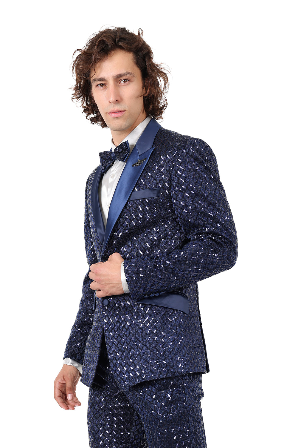 BARABAS Men's Diamond Sequin Design Notched black Blazer 2BL3099 Navy