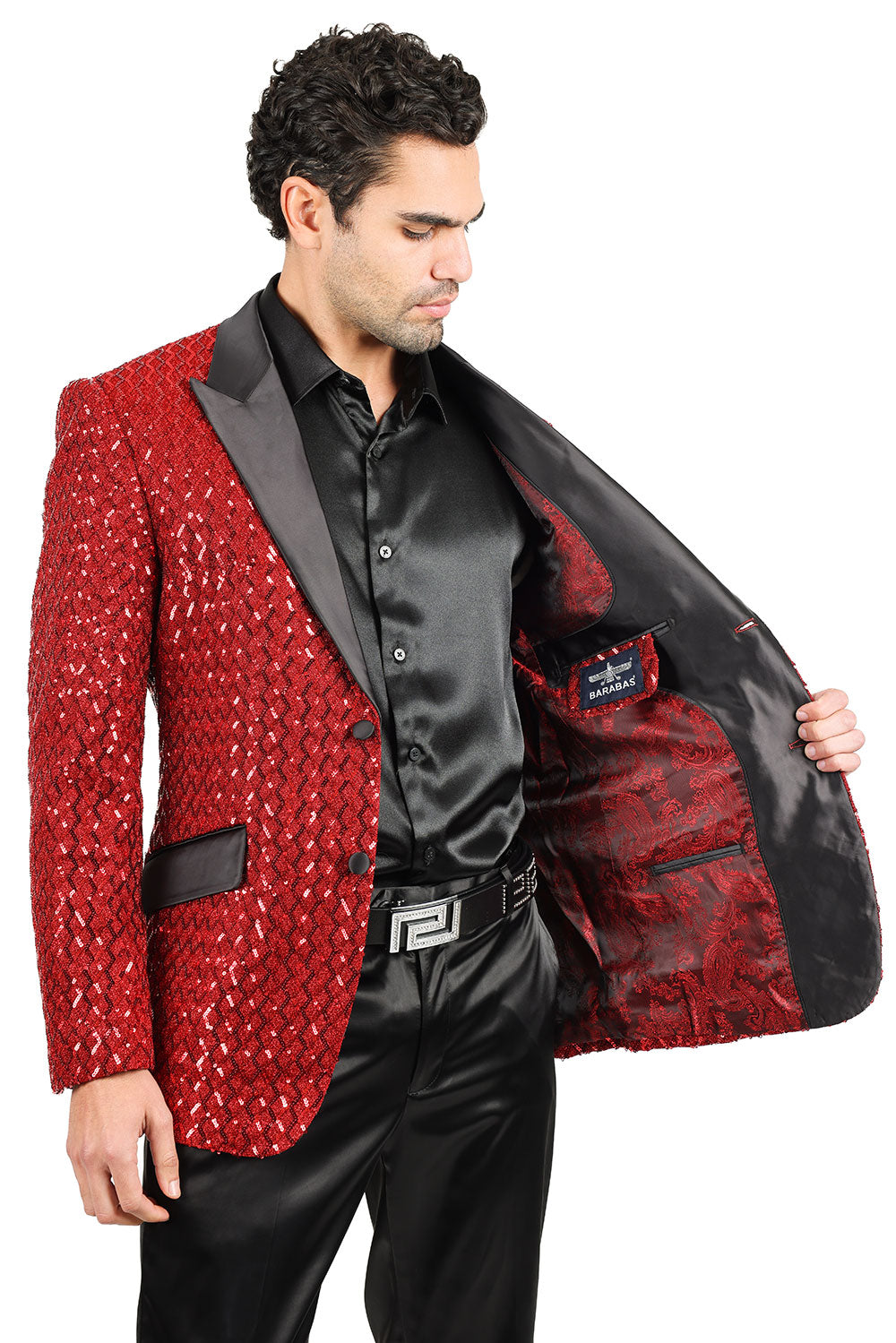 BARABAS Men's Diamond Sequin Design Notched black Blazer 2BL3099 Red