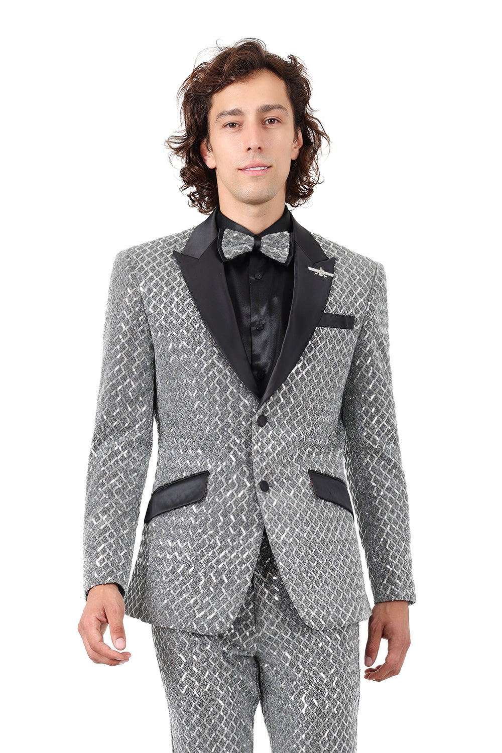 BARABAS Men's Diamond Sequin Design Notched black Blazer 2BL3099 Silver