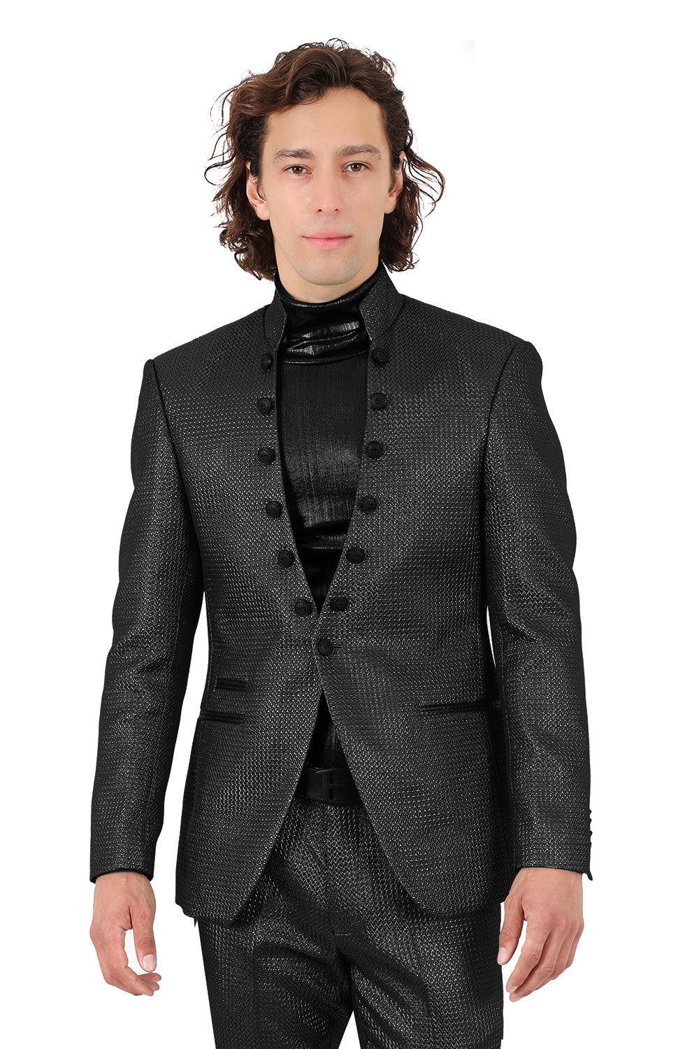 Barabas Men's Stand Collar Shiny Textured Material Blazer 2BL3105 Black