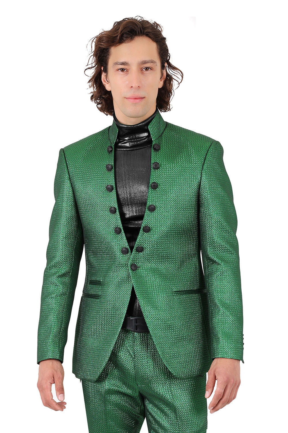 Barabas Men's Stand Collar Shiny Textured Material Blazer 2BL3105 Green