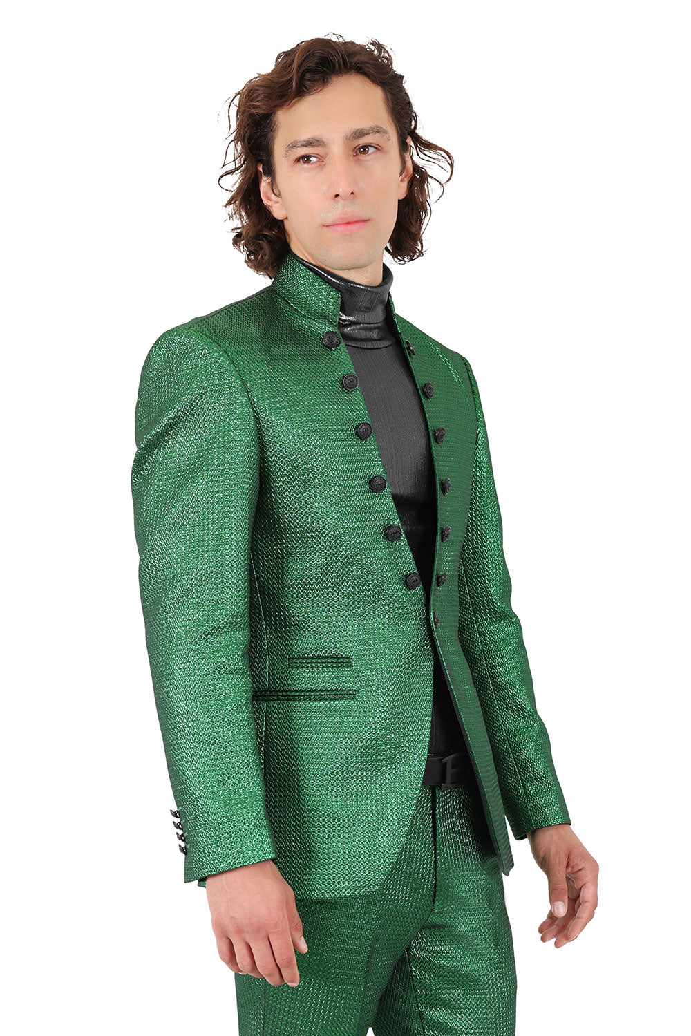 Barabas Men's Stand Collar Shiny Textured Material Blazer 2BL3105 Green