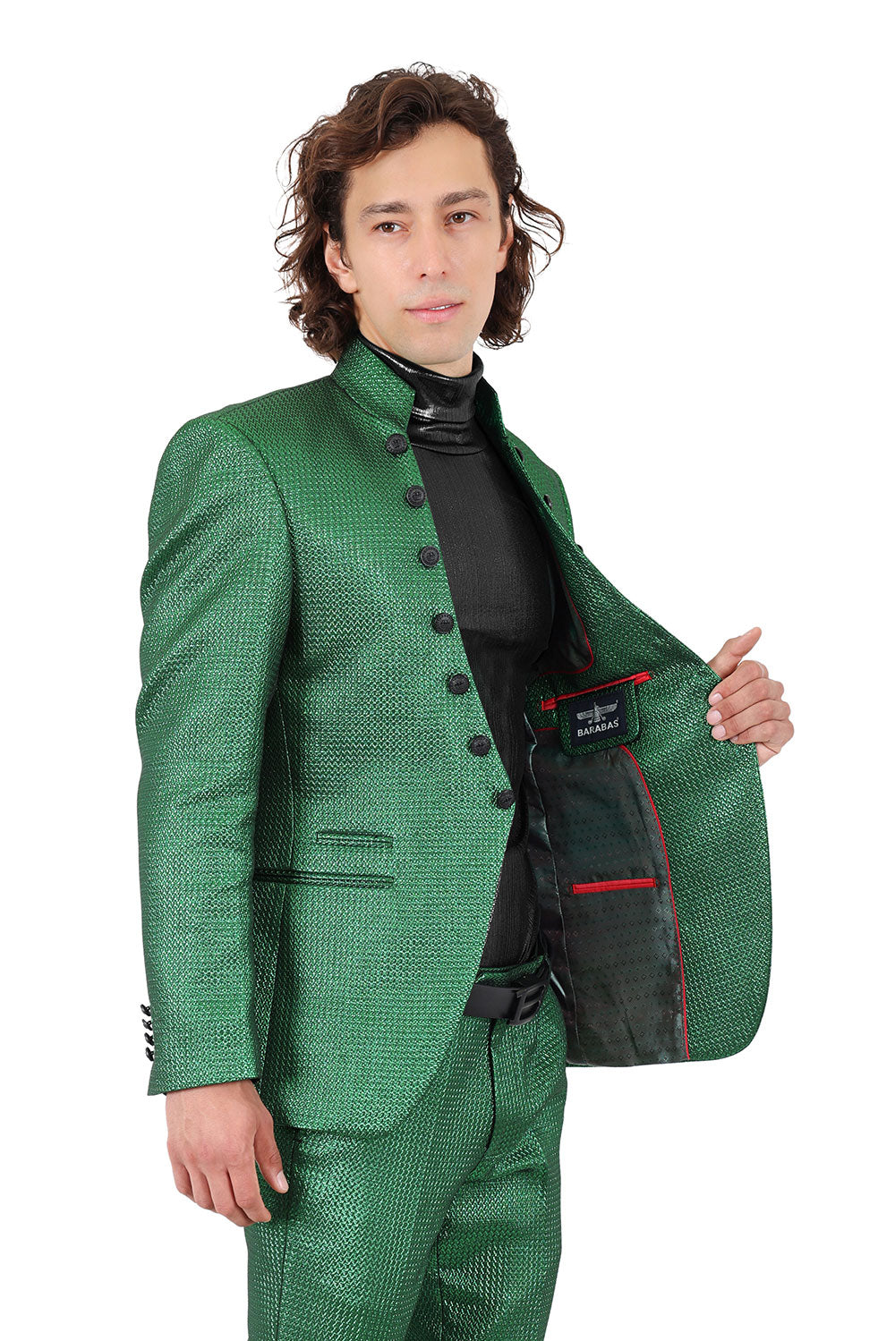 Barabas Men's Stand Collar Shiny Textured Material Blazer 2BL3105 Green