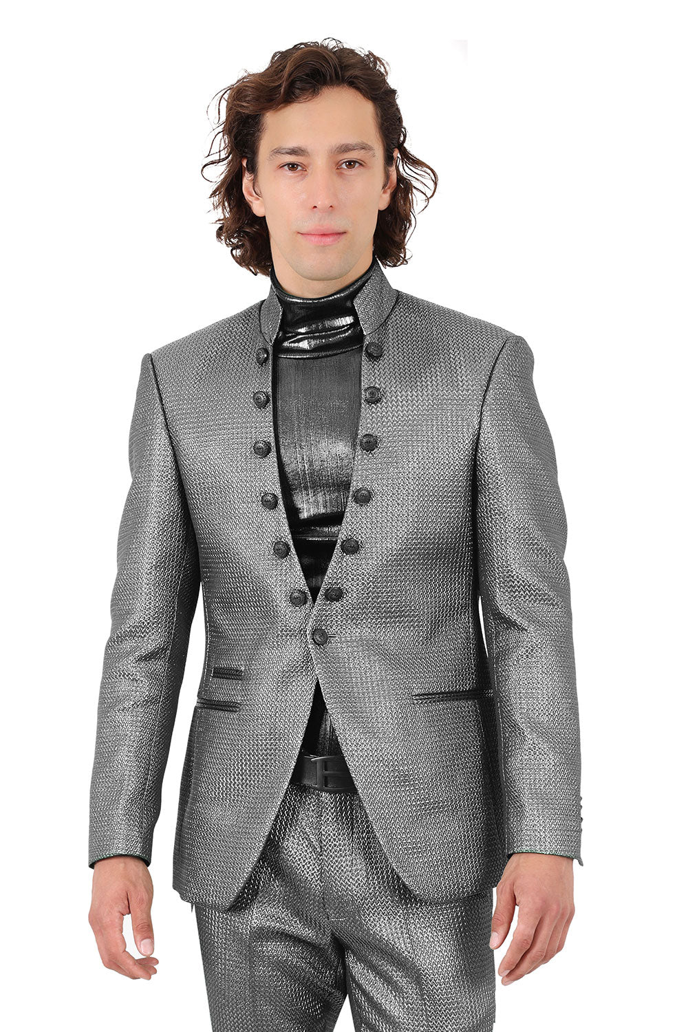 Barabas Men's Stand Collar Shiny Textured Material Blazer 2BL3105 Silver