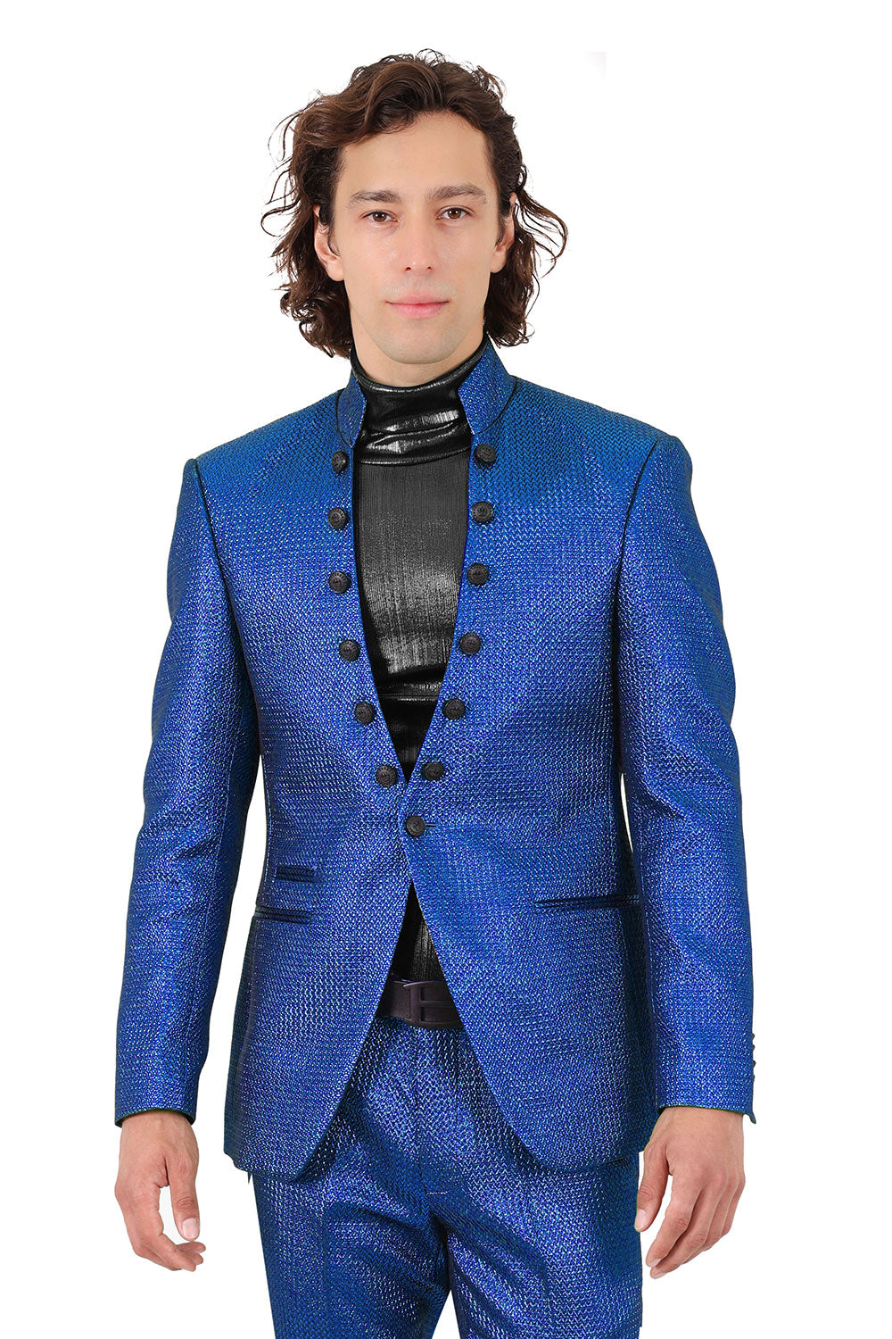 Barabas Men's Stand Collar Shiny Textured Material Blazer 2BL3105 Blue