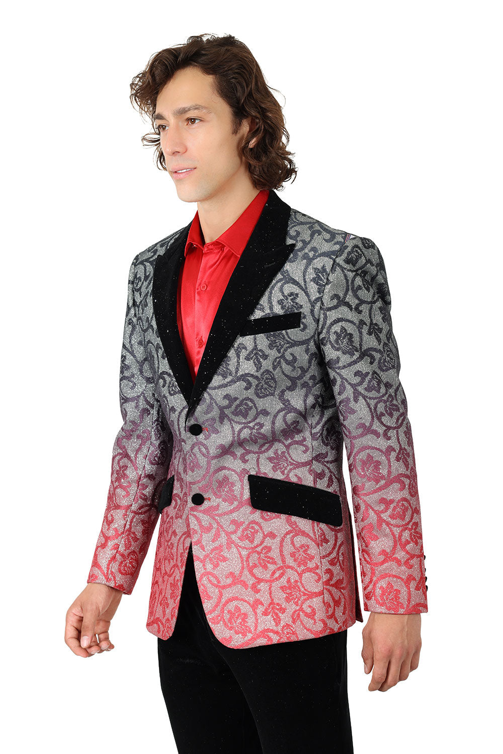 BARABAS Men's Floral Sparkly Glittery Notch Lapel Blazer 2BL3106 Black and Red