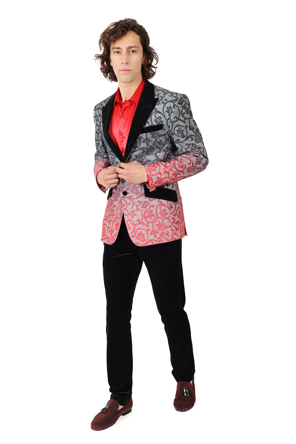 BARABAS Men's Floral Sparkly Glittery Notch Lapel Blazer 2BL3106 Black and Red