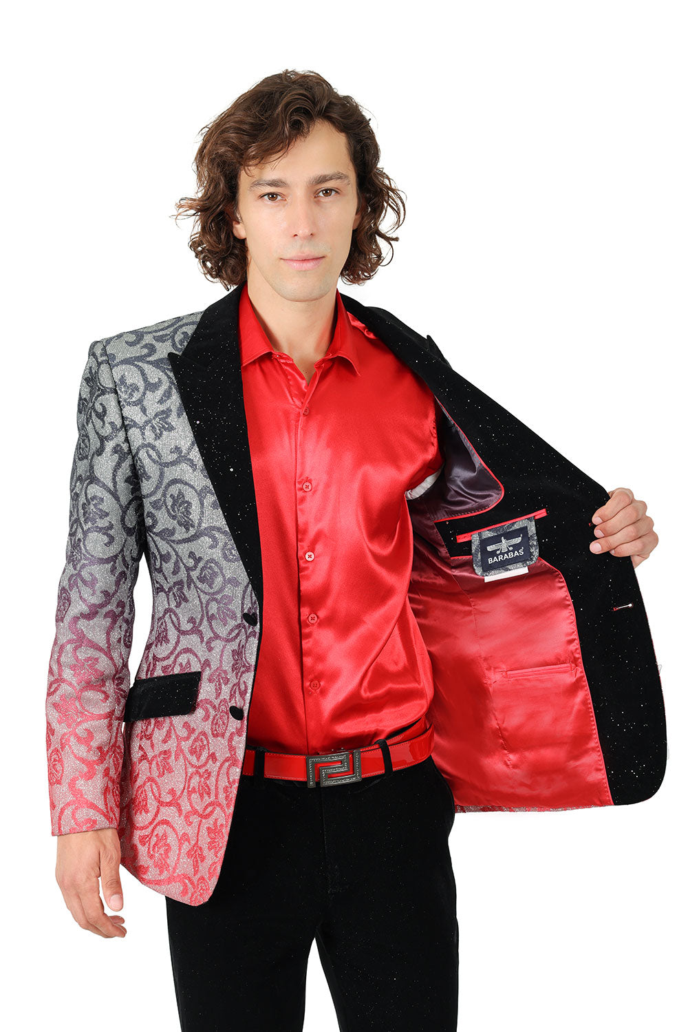 BARABAS Men's Floral Sparkly Glittery Notch Lapel Blazer 2BL3106 Black and Red