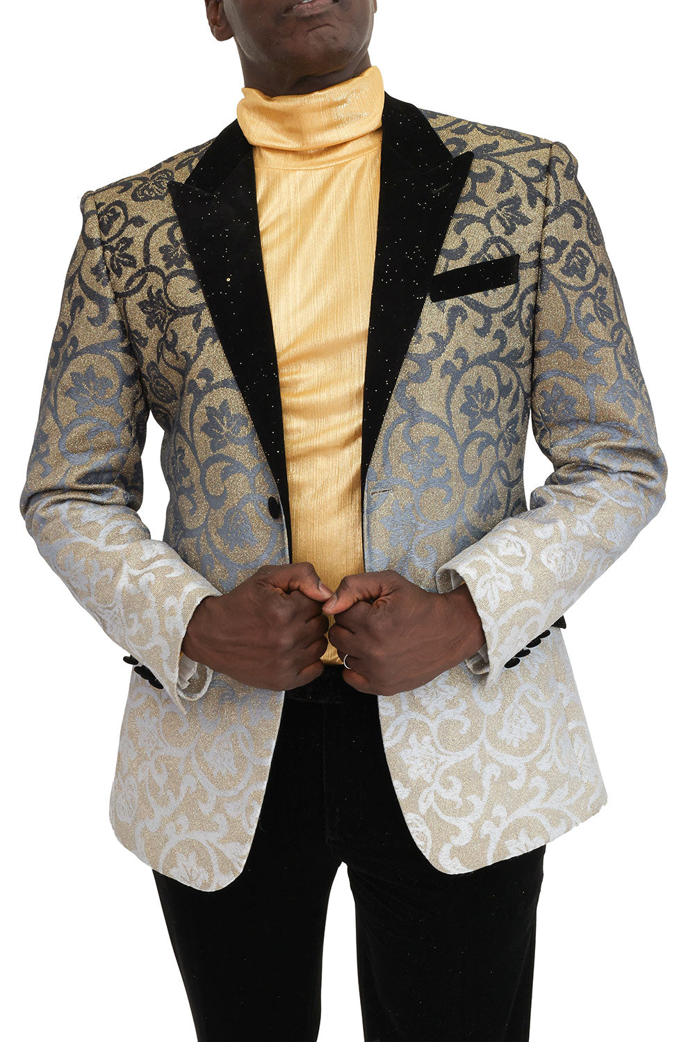 BARABAS Men's Floral Sparkly Glittery Notch Lapel Blazer 2BL3106 Black and Gold