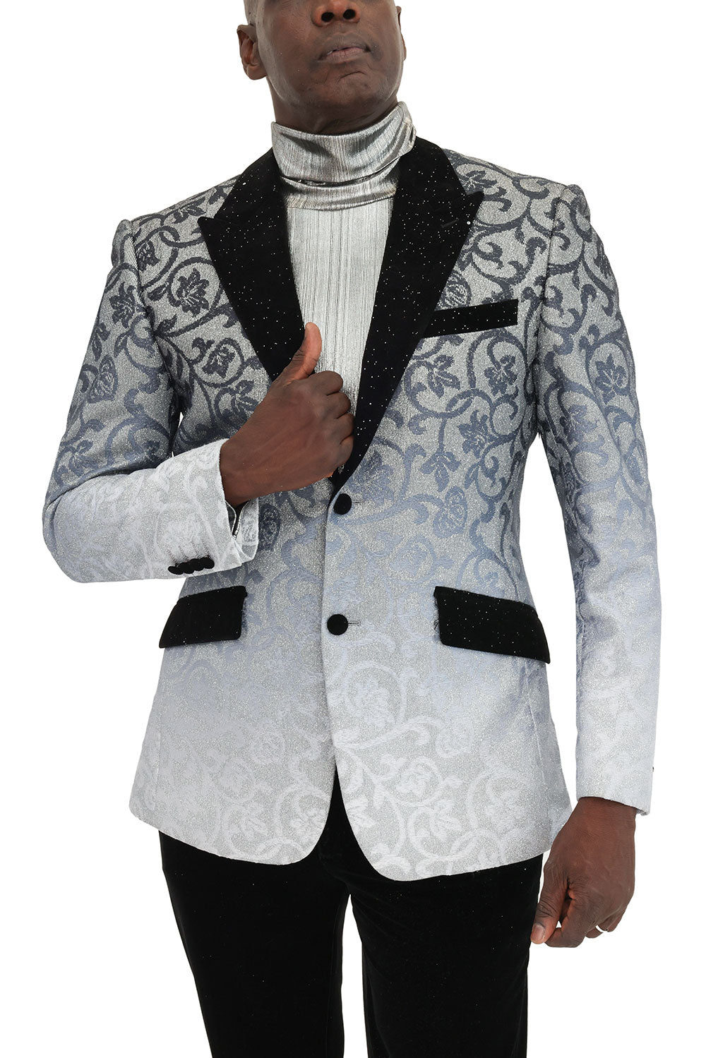 BARABAS Men's Floral Sparkly Glittery Notch Lapel Blazer 2BL3106 Black and Silver