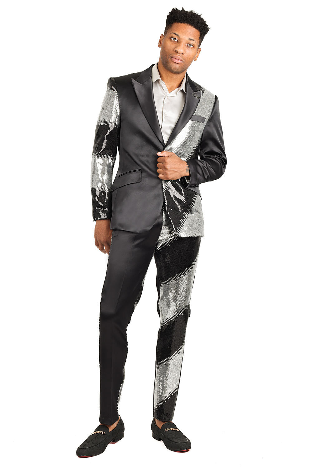 Barabas Men's Diamond Sequin Design Notched black Blazer 2BL3113 Black Silver