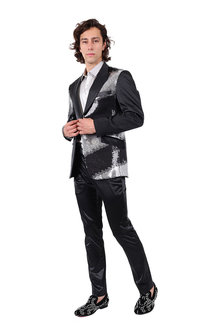 Barabas Men's Diamond Sequin Design Notched black Blazer 2BL3113 Black Silver