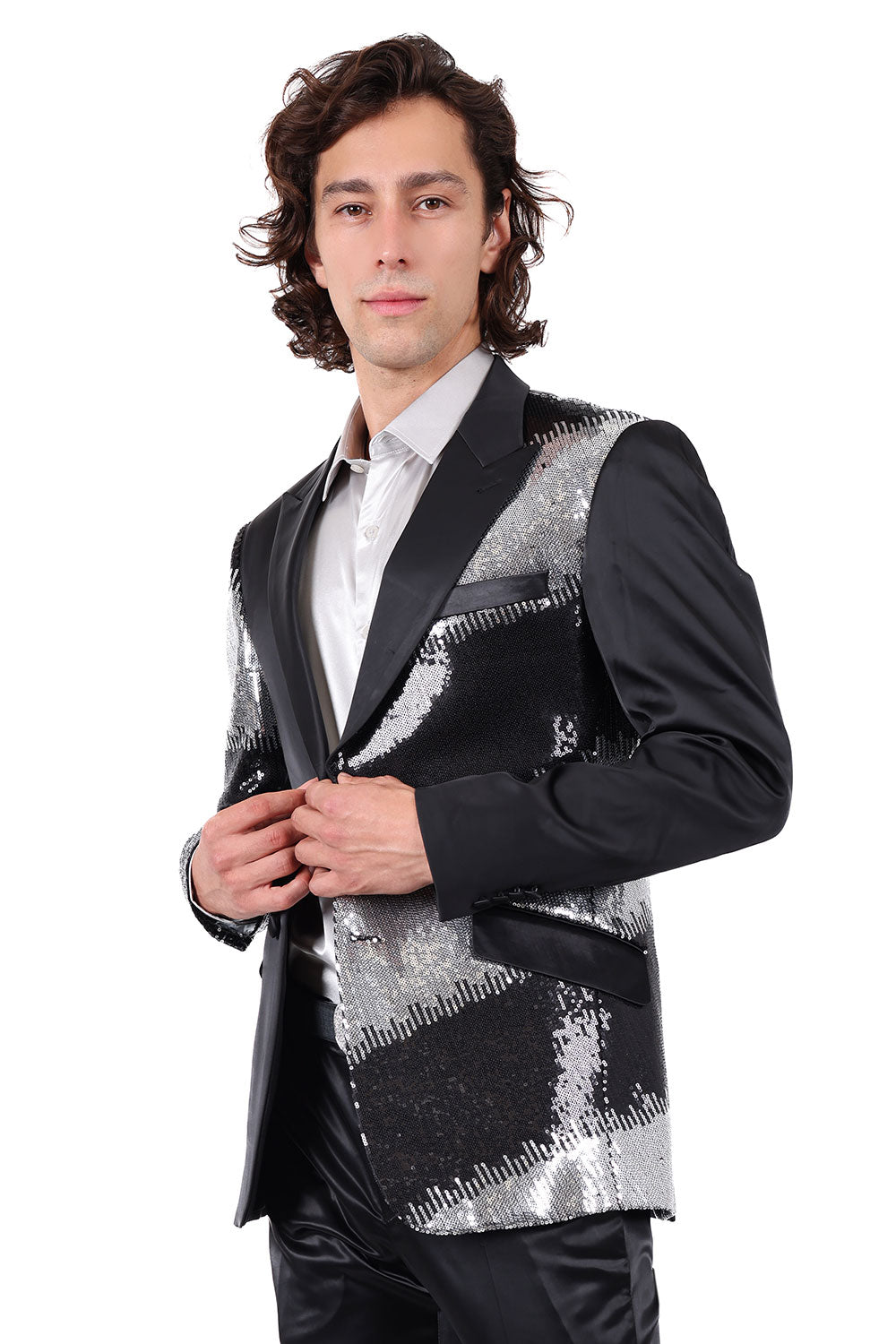 Barabas Men's Diamond Sequin Design Notched black Blazer 2BL3113 Black Silver