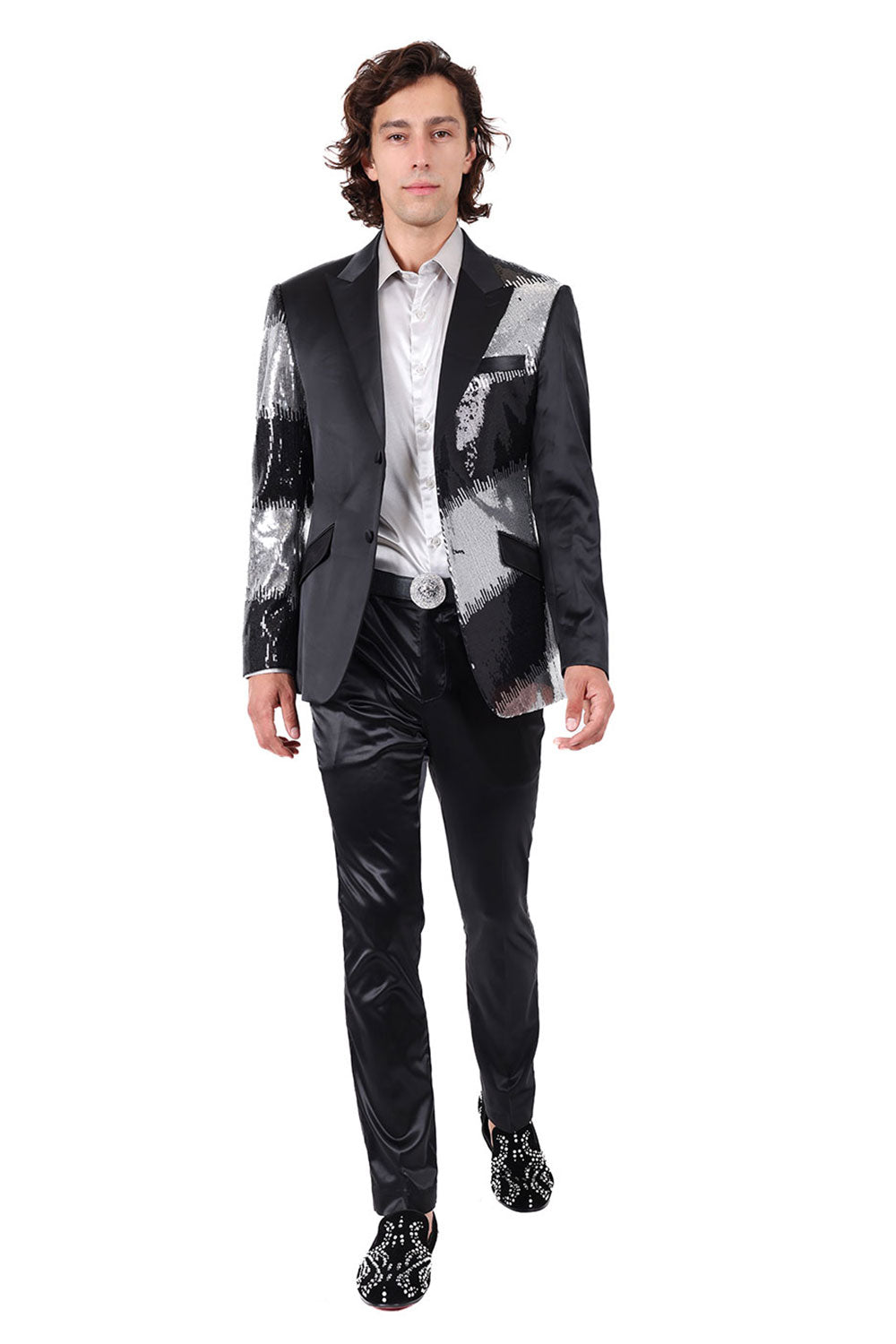 Barabas Men's Diamond Sequin Design Notched black Blazer 2BL3113 Black Silver