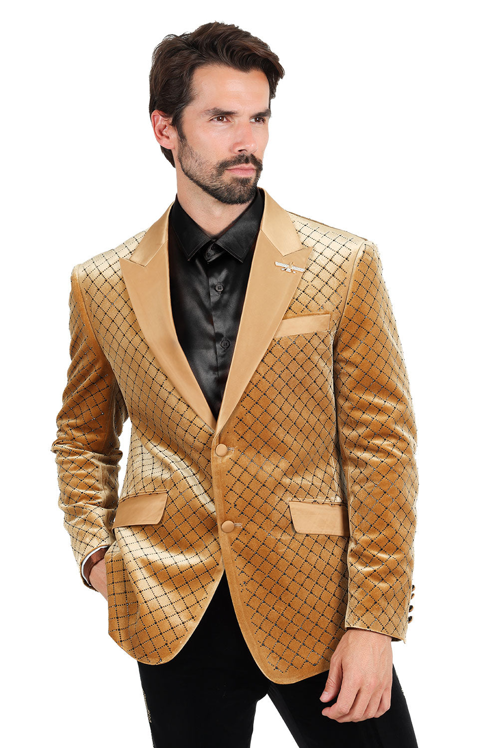 BARABAS Men's Diamond Shape Design Rhinestone Luxury Blazer 2BL3114 Mustard Black