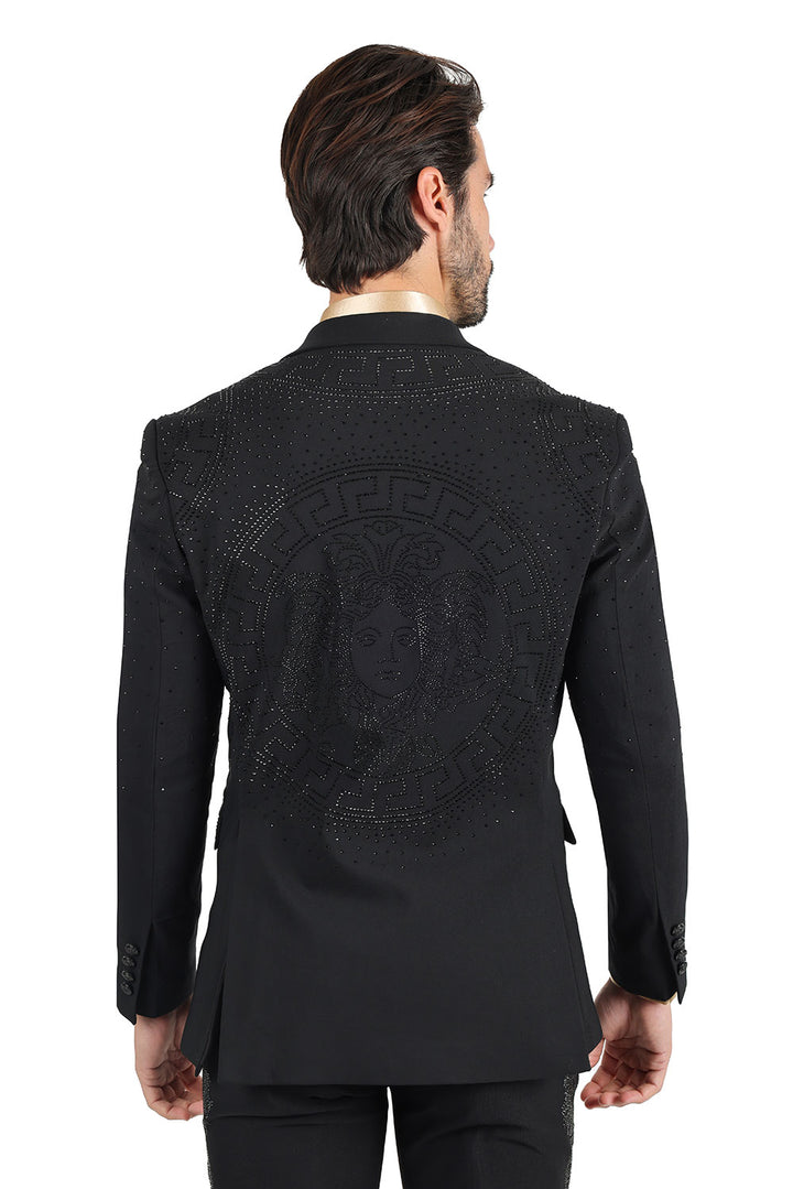 Barabas Men's Rhinestone Medusa Print Design Blazer 2BLR12 Black
