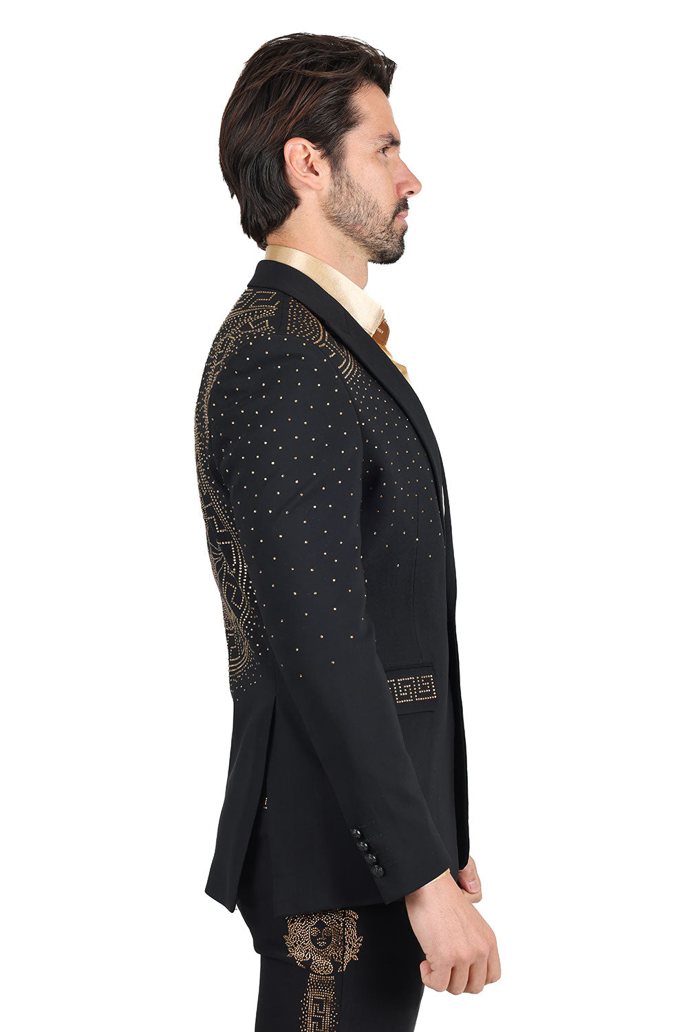 Barabas Men's Rhinestone Medusa Print Design Blazer 2BLR12 Black Gold