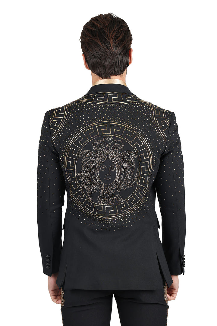 Barabas Men's Rhinestone Medusa Print Design Blazer 2BLR12 Black Gold