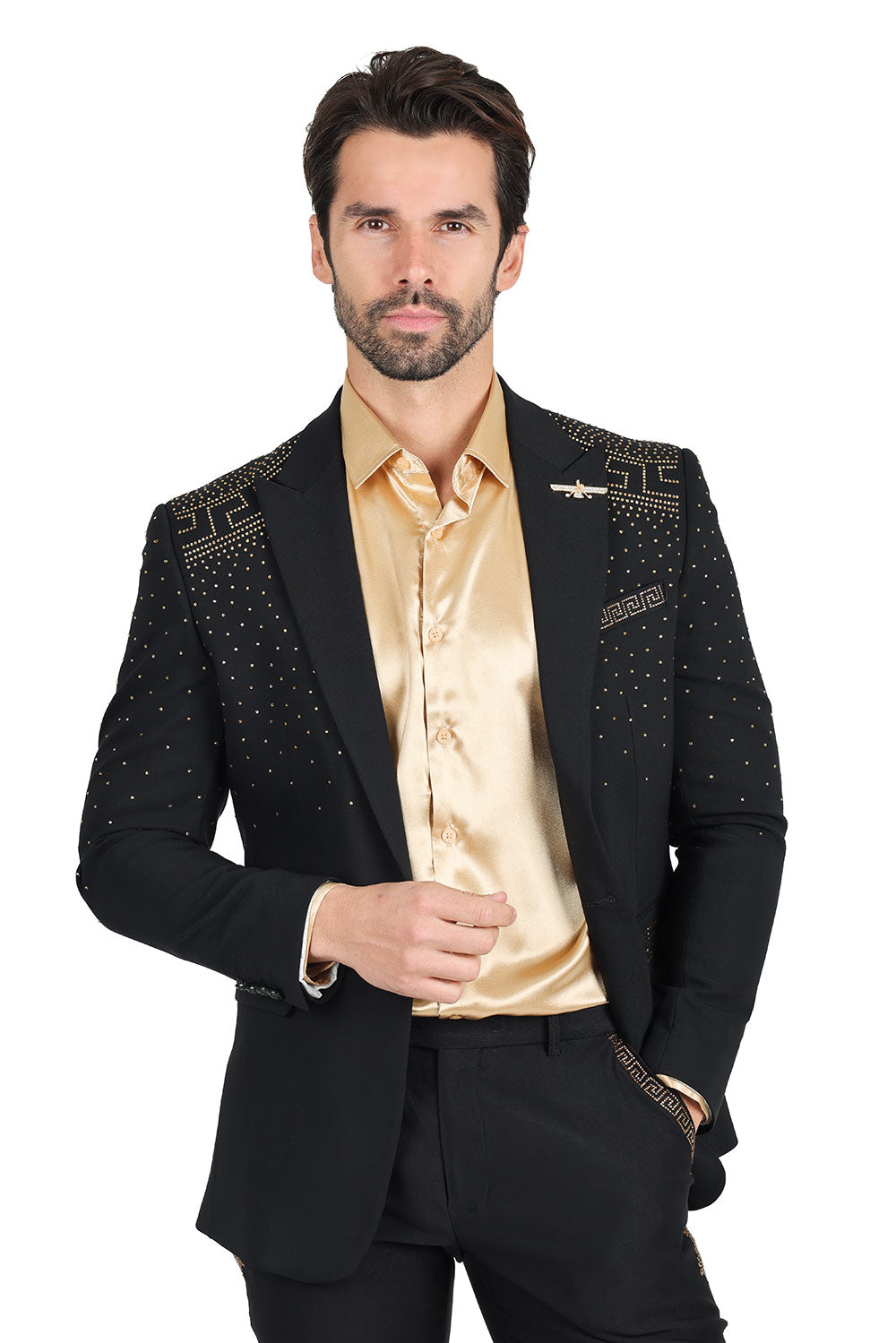 Barabas Men's Rhinestone Medusa Print Design Blazer 2BLR12 Black