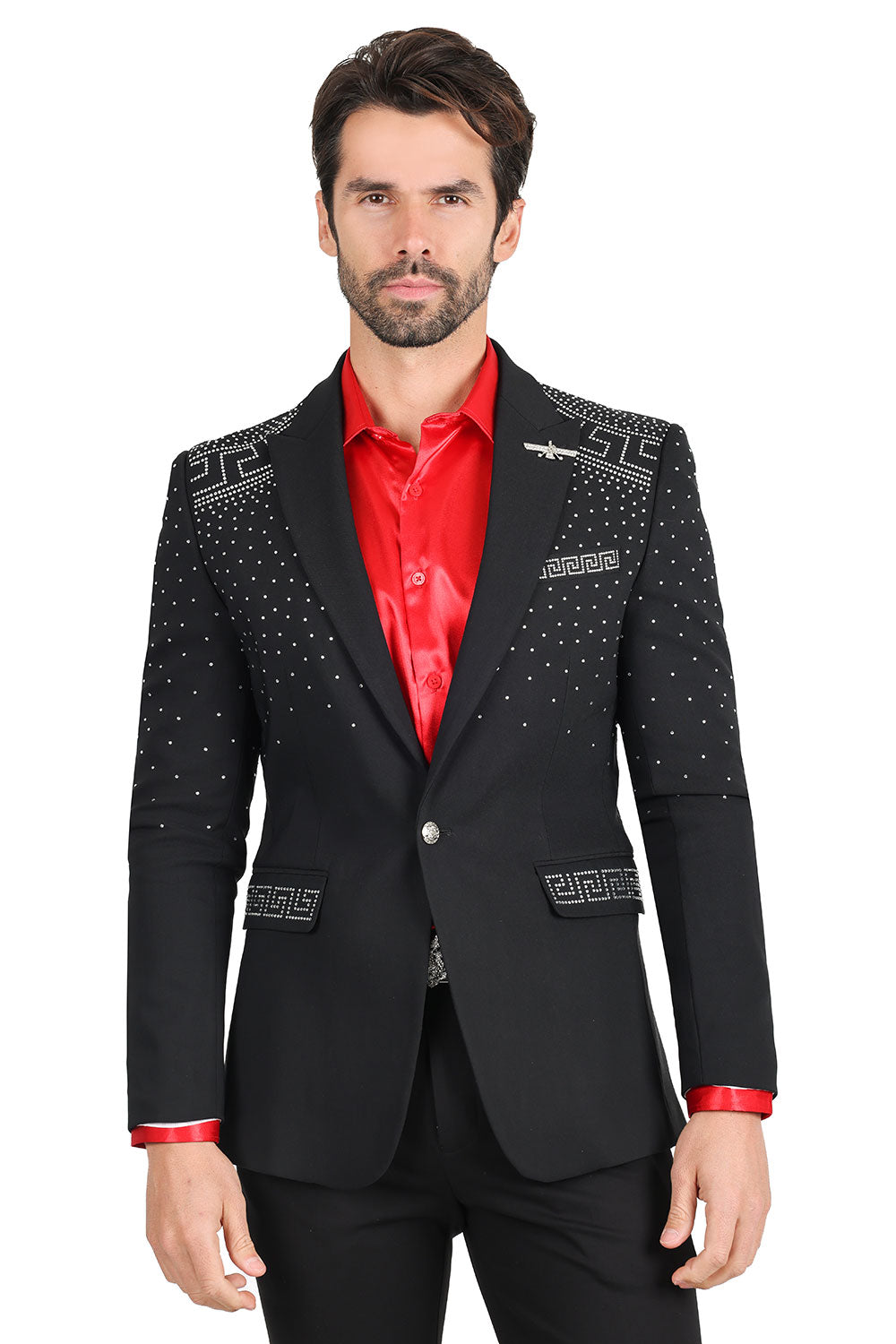 Barabas Men's Rhinestone Medusa Print Design Blazer 2BLR12 Black Silver