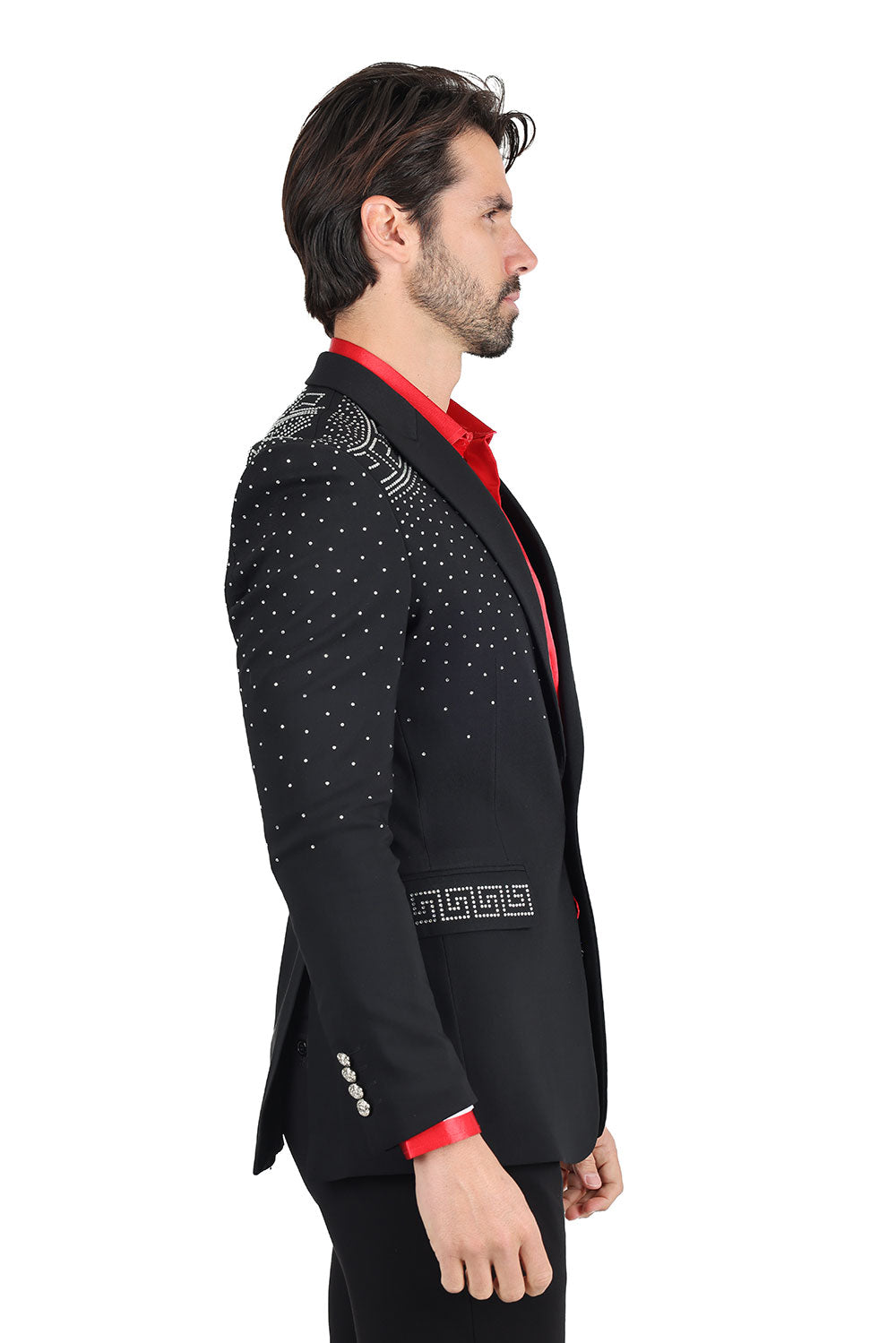 Barabas Men's Rhinestone Medusa Print Design Blazer 2BLR12 Black Silver