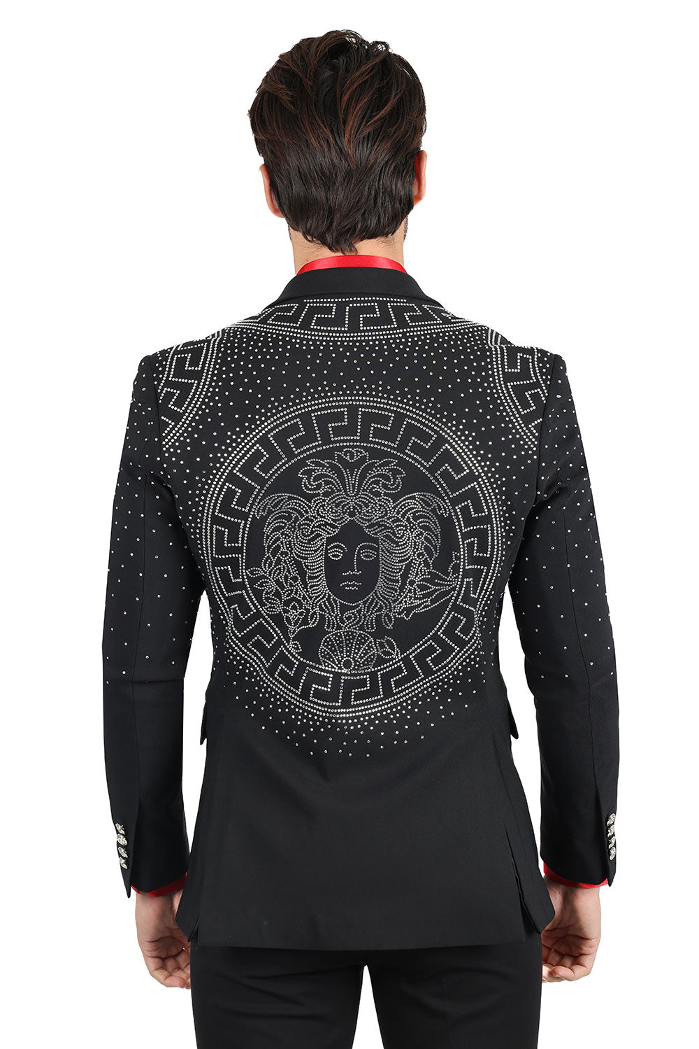 Barabas Men's Rhinestone Medusa Print Design Blazer 2BLR12 Black Silver