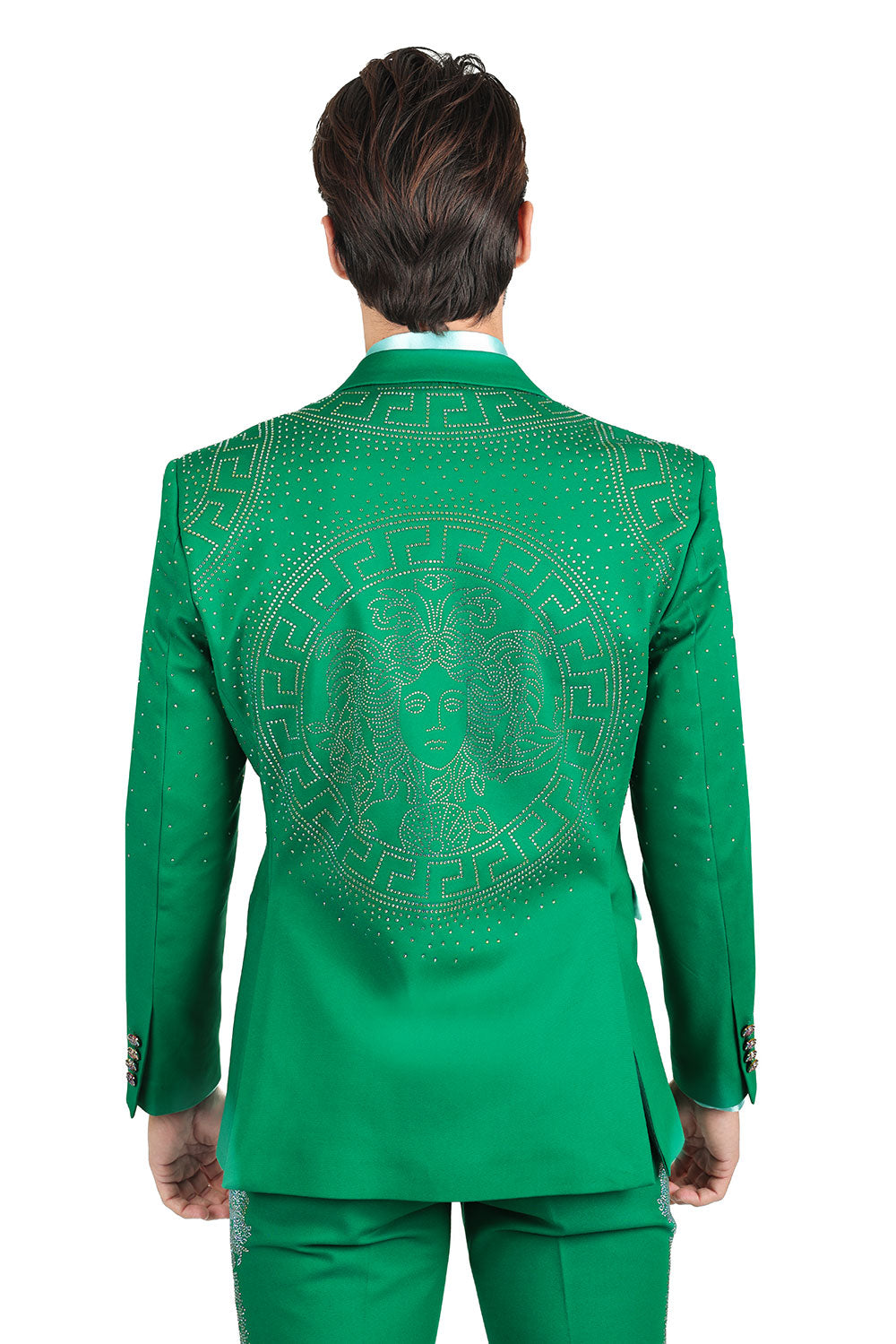 Barabas Men's Rhinestone Medusa Print Design Blazer 2BLR12 Green