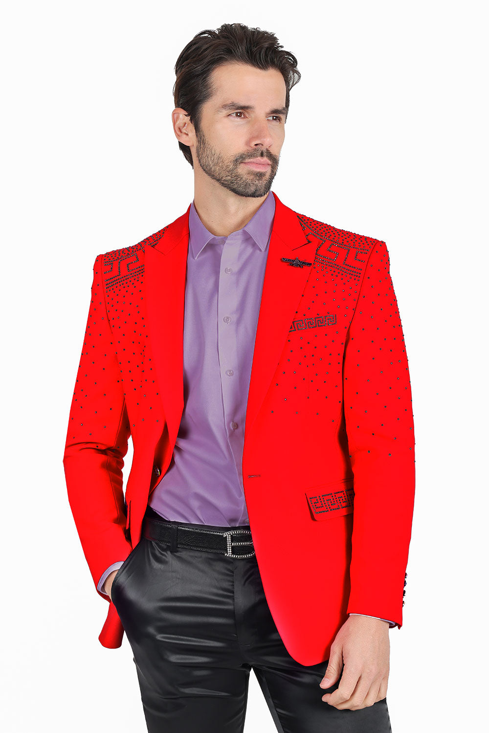 Barabas Men's Rhinestone Medusa Print Design Blazer 2BLR12 Red