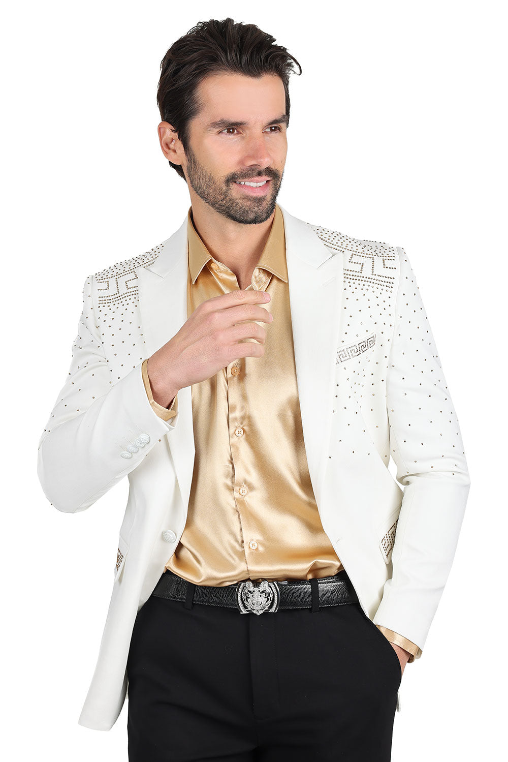 Barabas Men's Rhinestone Medusa Print Design Blazer 2BLR12 White Gold