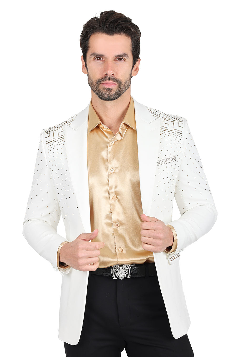 Barabas Men's Rhinestone Medusa Print Design Blazer 2BLR12 White Gold