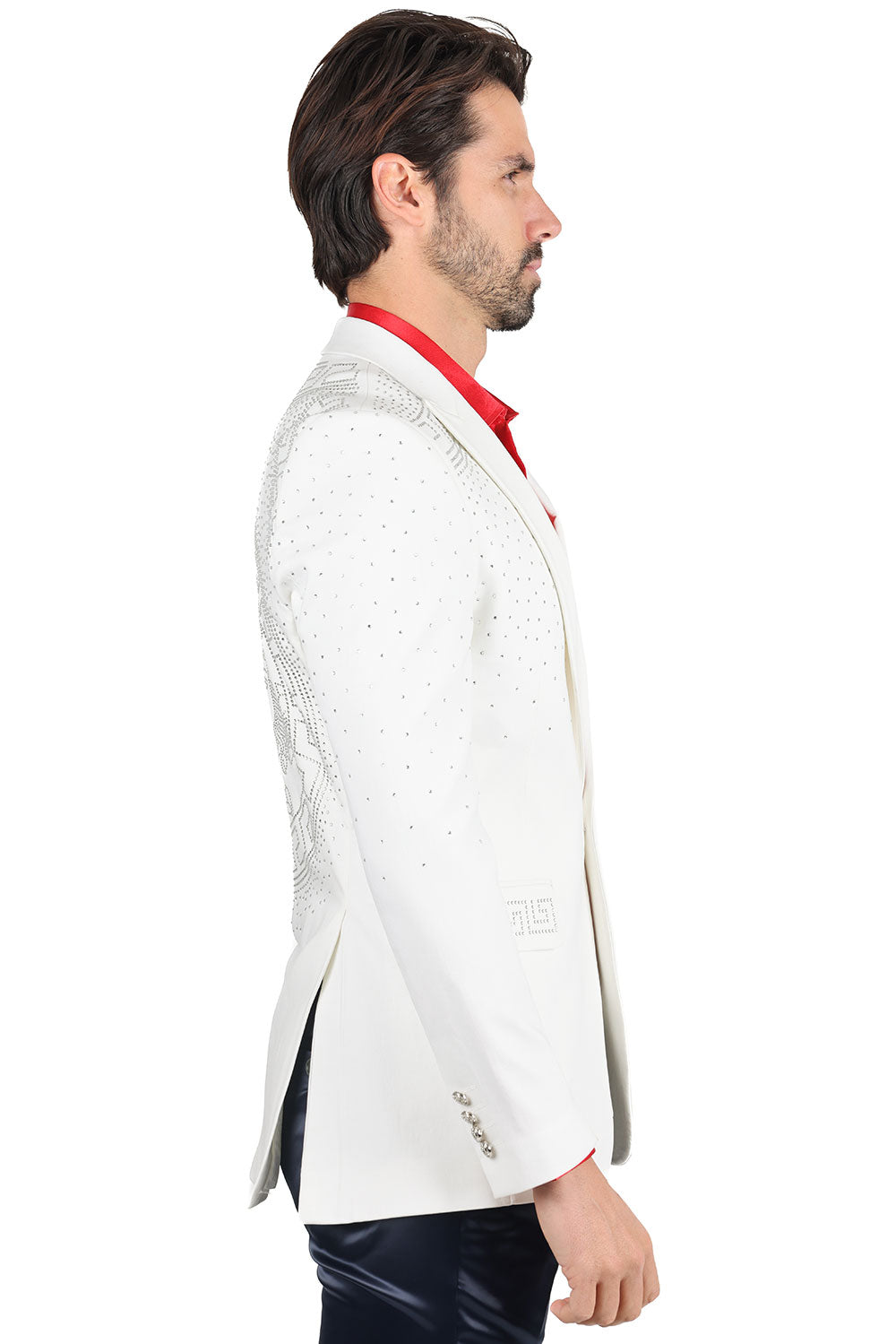 Barabas Men's Rhinestone Medusa Print Design Blazer 2BLR12 White Silver