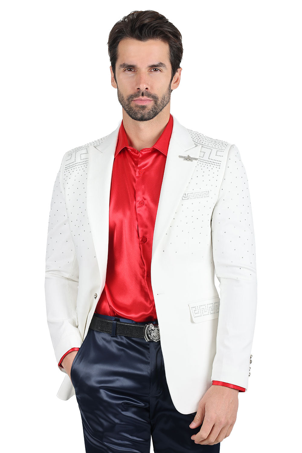 Barabas Men's Rhinestone Medusa Print Design Blazer 2BLR12 White Silver