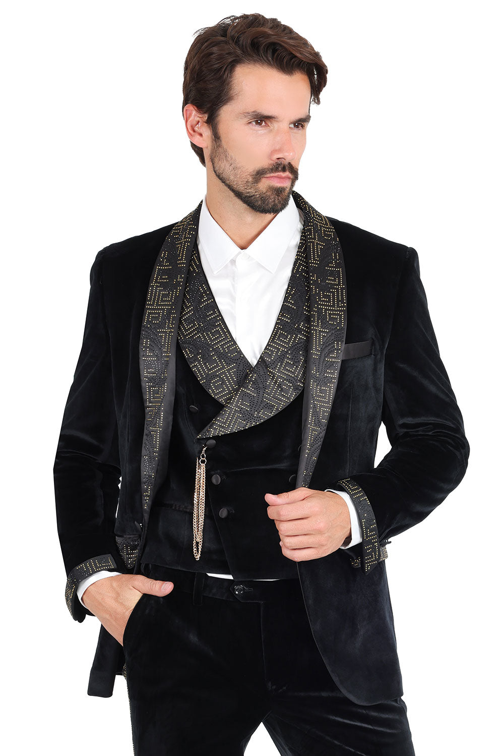 Barabas Mens Rhinestone Greek Key Luxury Dress Velvet Blazer 2BLR3 Black Gold