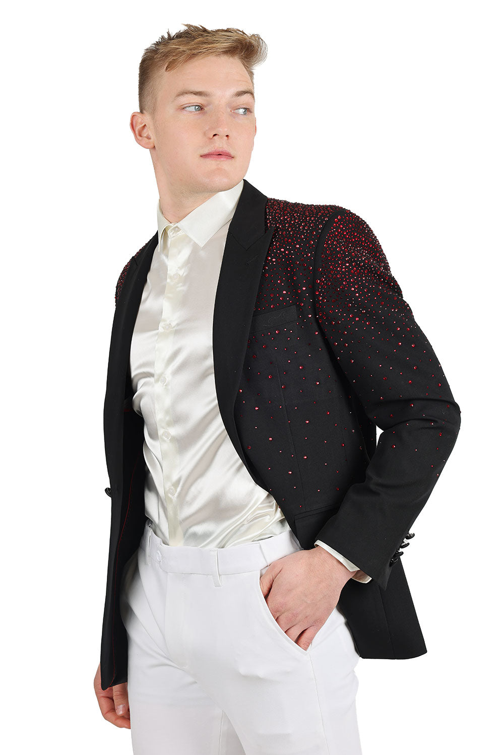 Barabas Men's Rhinestone Solid Color Notch Lapel Blazer 2BLR6 Black Red