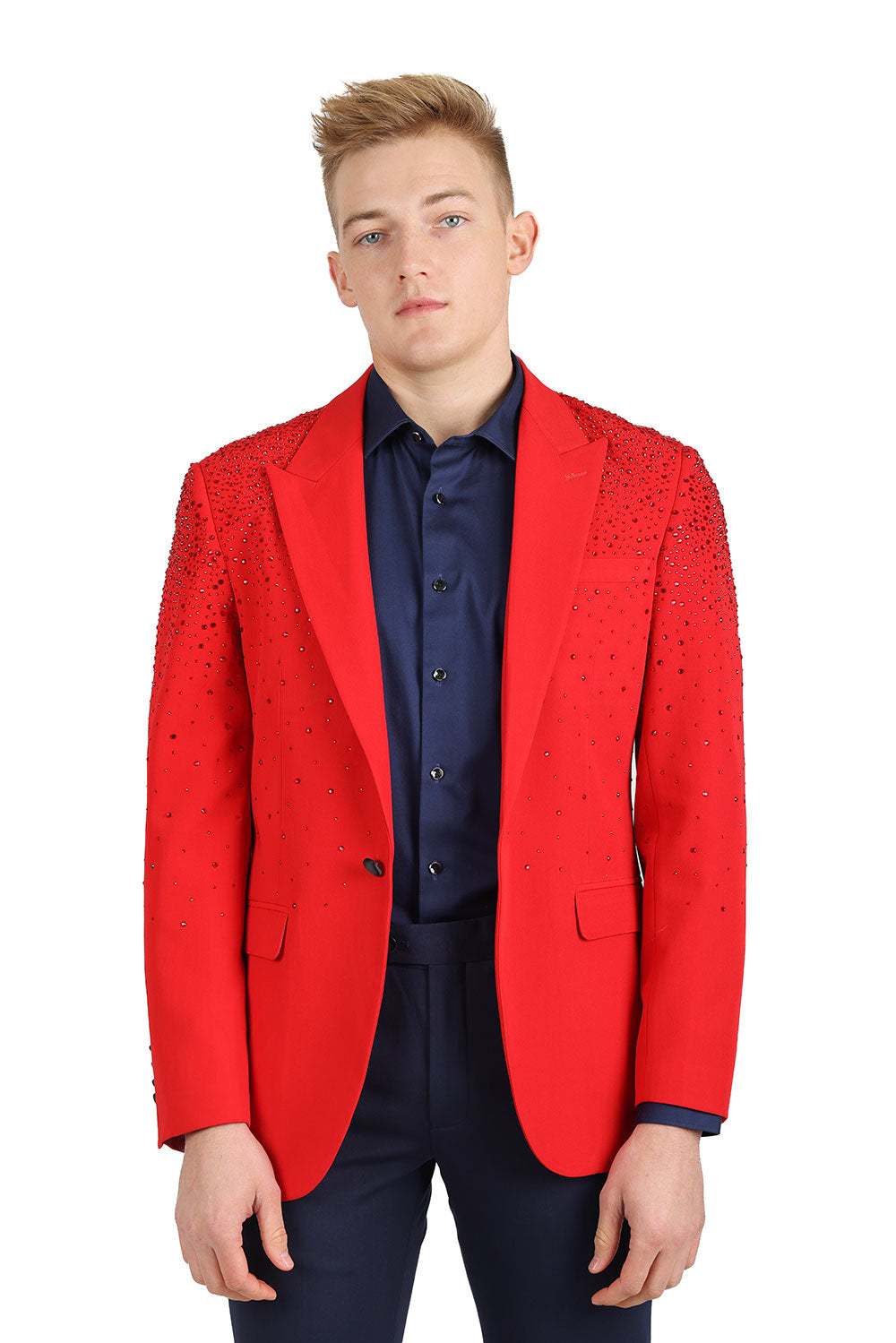 Barabas Men's Rhinestone Solid Color Notch Lapel Blazer 2BLR6 Red