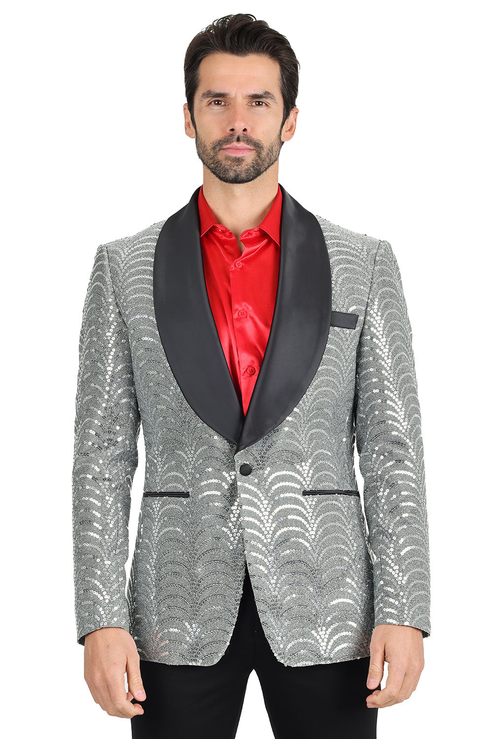 BARABAS Men's High Fashion Sequin Shawl Satin Lapel Blazer 2BLR8 Black Silver