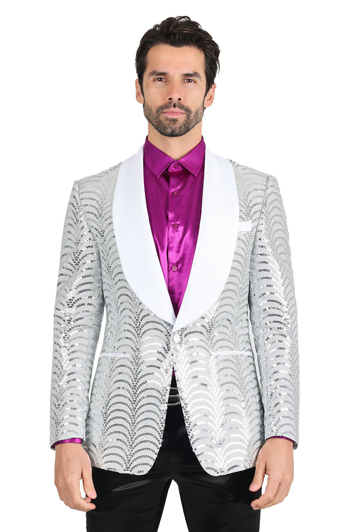 BARABAS Men's High Fashion Sequin Shawl Satin Lapel Blazer 2BLR8 White Silver