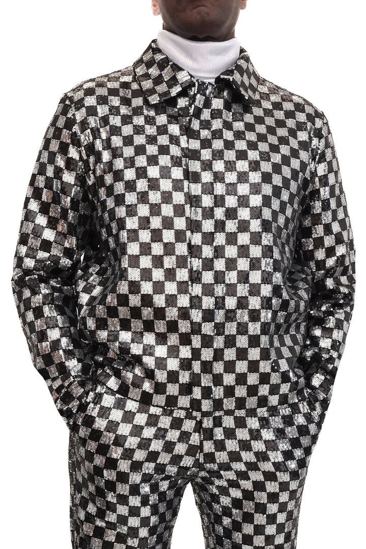  BARABAS Men's Chess Sequin Luxury Zipper Closure Bomber Jacket 2BP23 Silver Black