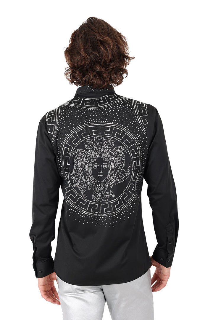 Barabas Men's Rhinestone Greek key Medusa Long Sleeves Shirts 2BR101 Black Silver