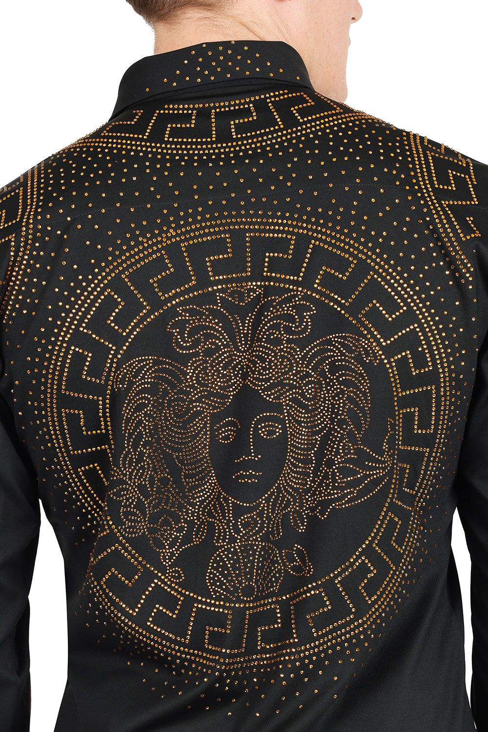 Barabas Men's Rhinestone Greek key Medusa Long Sleeves Shirts 2BR101 Black Gold