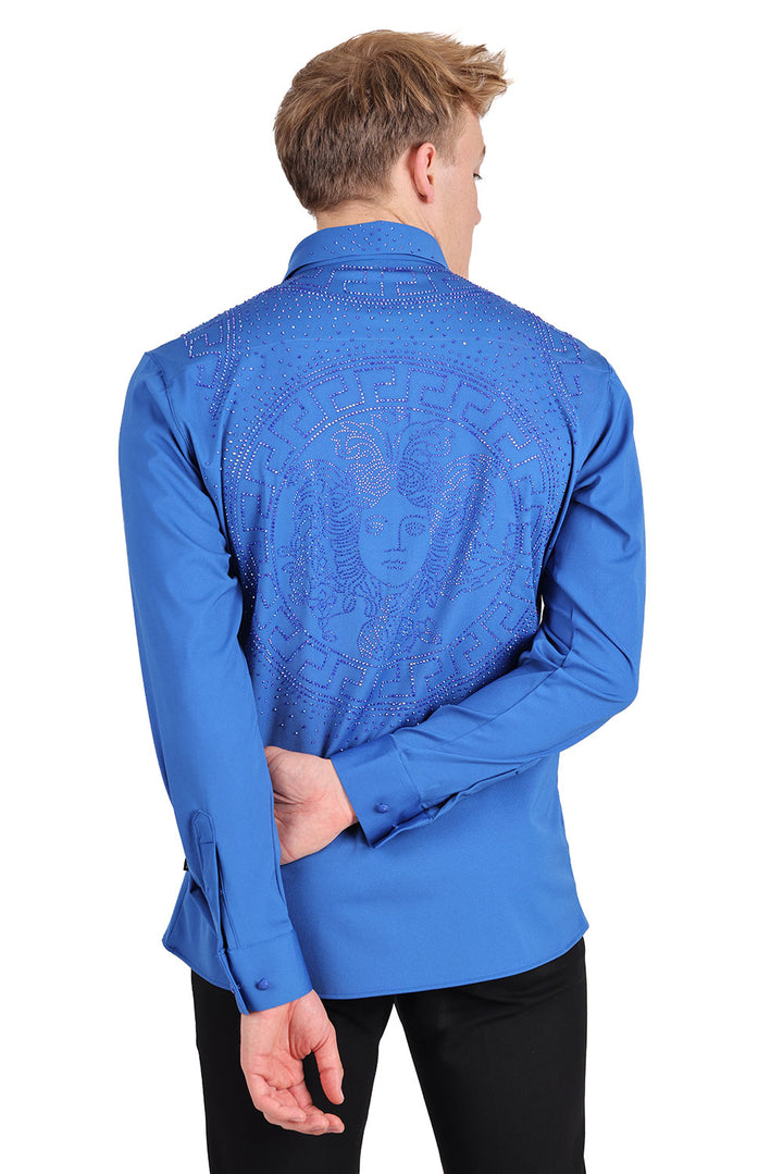 Barabas Men's Rhinestone Greek key Medusa Long Sleeves Shirts 2BR101 Blue Black