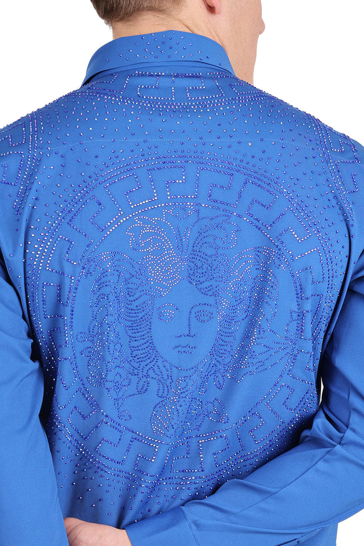 Barabas Men's Rhinestone Greek key Medusa Long Sleeves Shirts 2BR101 Blue Silver