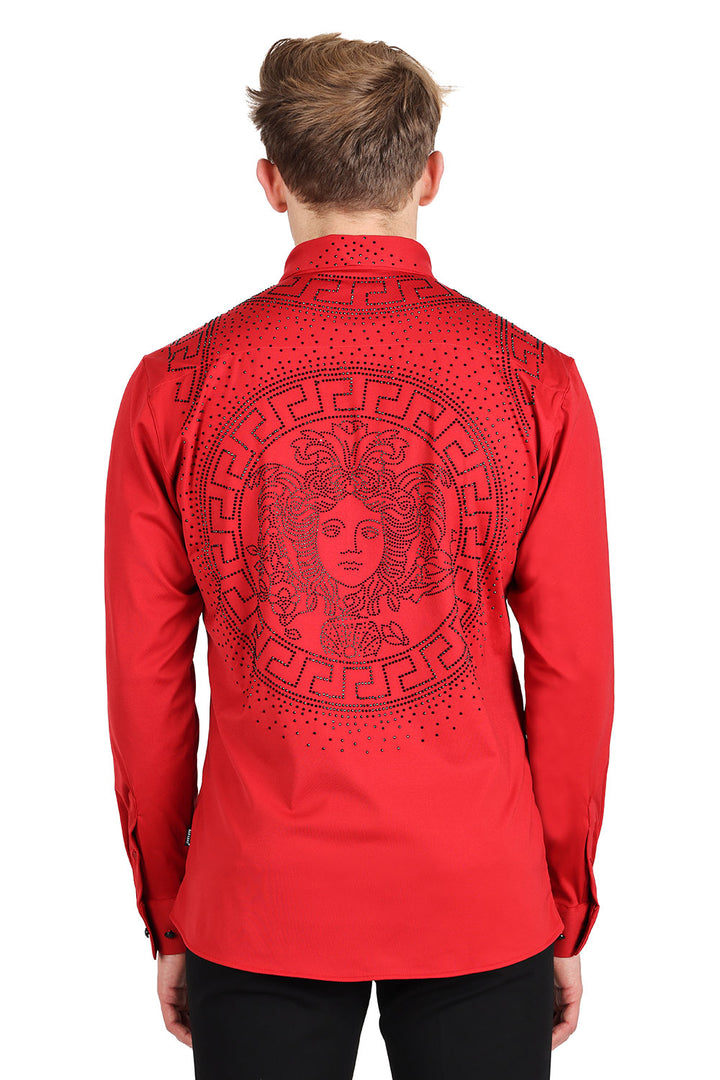 Barabas Men's Rhinestone Greek key Medusa Long Sleeves Shirts 2BR101 Red Black