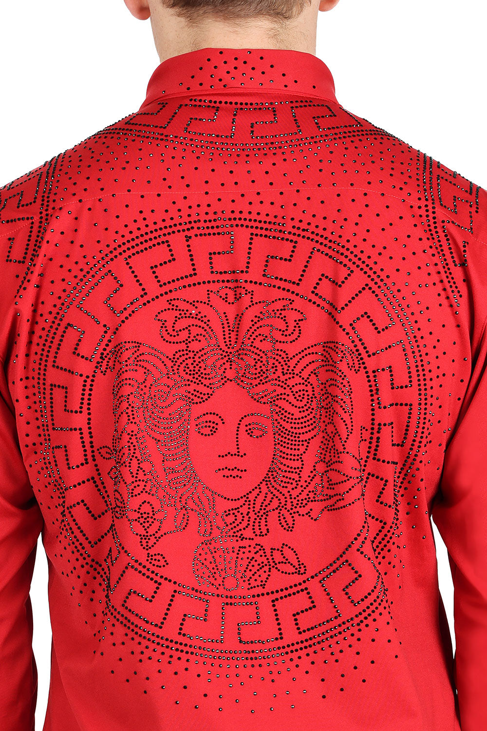 Barabas Men's Rhinestone Greek key Medusa Long Sleeves Shirts 2BR101 Red Black