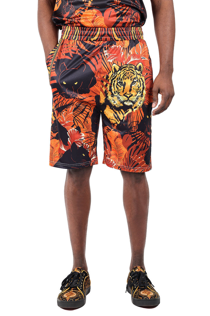Barabas Men's Printed Tiger Floral Short Sleeve Casual Shorts 2BSP01 Gold