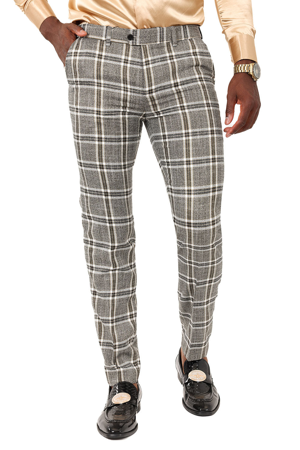 Barabas Men's Printed Checkered  Plaid Design Chino Pants  2CP187 Grey Gold